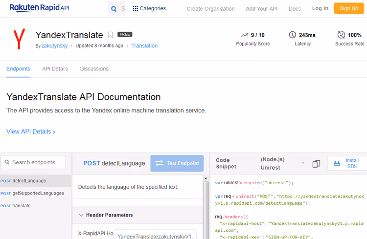 Yandex Translate'i konsool tekstitõlke tulemustega