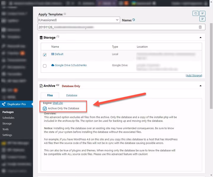 Opção Apenas a Base de Dados do Arquivo ao criar um pacote no Duplicator Pro