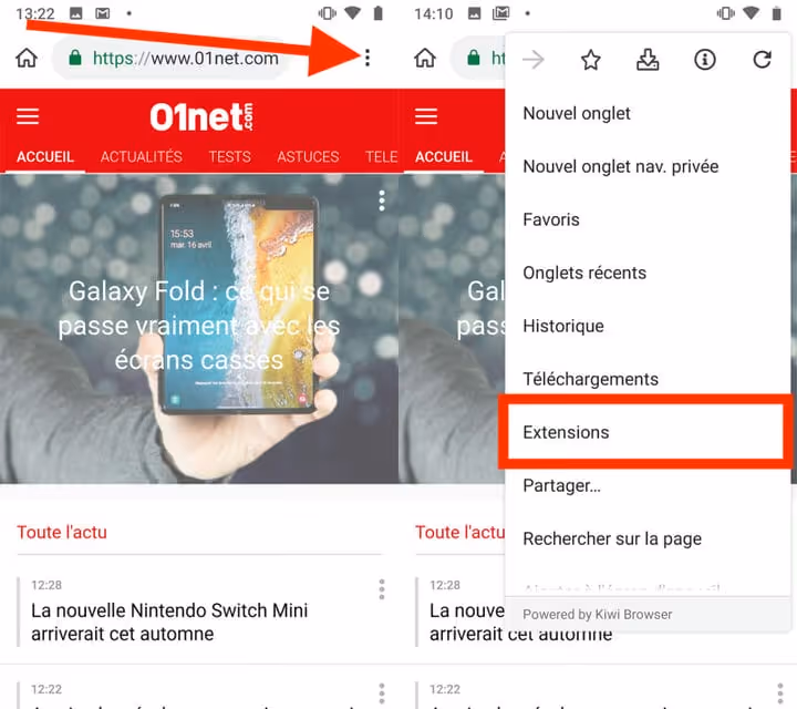 Menu principale di Kiwi Browser con voce Estensioni