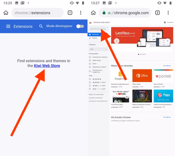 Pagina delle estensioni di Kiwi Browser con pulsante Kiwi Web Store