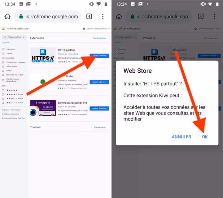 Chrome Web Store in Kiwi Browser con pulsante per installare l'estensione
