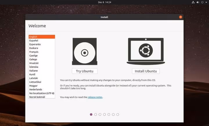 Екран встановлення Ubuntu Web з вибором мови
