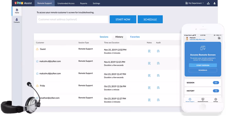 Zoho Assist arbeidsområde med flere skjermer