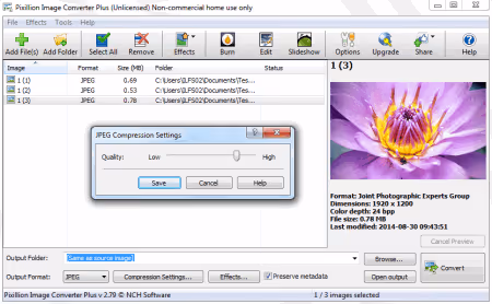 Pixillion conversion window with preview and file list
