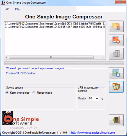 One Simple Image Compressor window with quality slider and folder selection