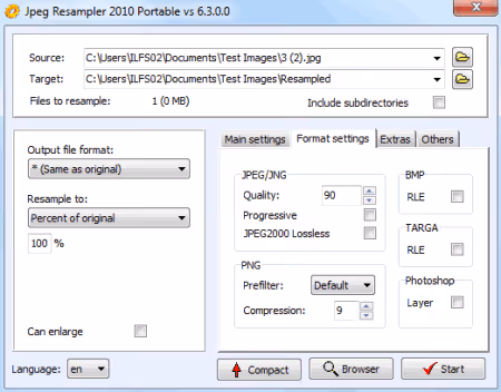 JPEG Resampler quality slider with output format selection