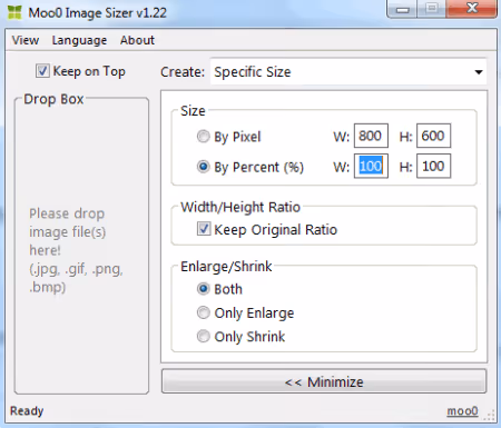 Minimalist ImageSizer interface from Moo0 with percentage compression