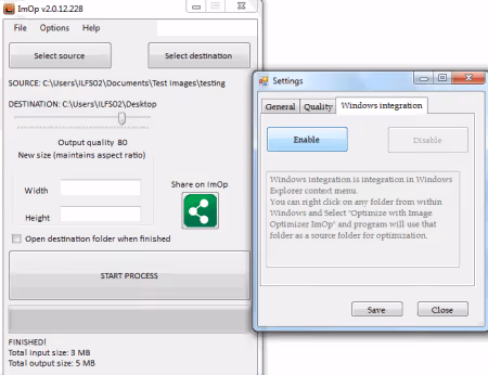 Two-panel Image Optimizer ImOp interface with folder selection