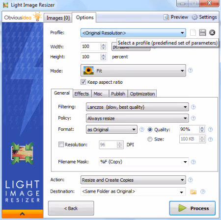 Step-by-step Light Image Resizer wizard with exotic format support
