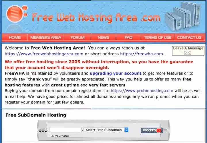 FreeWebHostingArea homepage