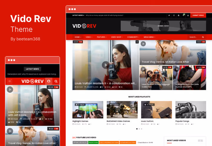 Página inicial de portal de vídeos no tema VidoRev