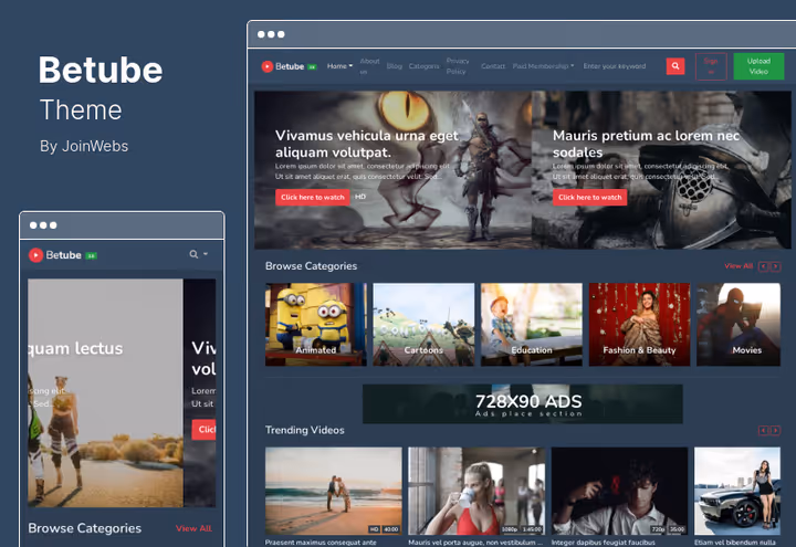 Site de vídeos no tema escuro Betube com painel de controlo