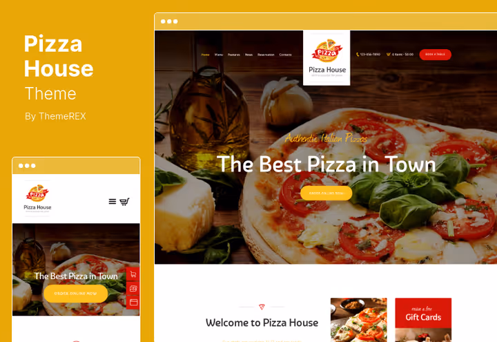 Pizza House theme, spacious restaurant layout with tab menu
