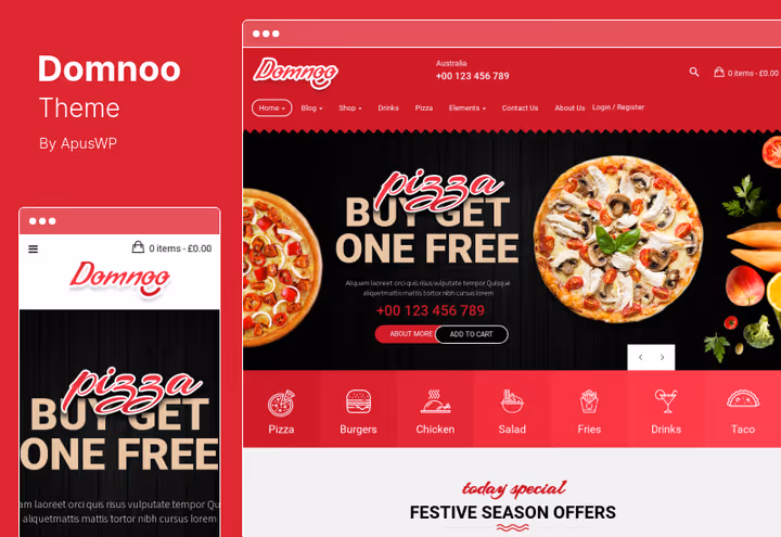Domnoo theme, pizza shop page with WPBakery Page Builder