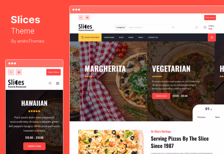Slices theme, pizza shop with fluid layout and WooCommerce