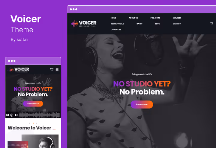 Voicer-tema, lydstudio for musikere og DJ-er med bestillingsskjemaer