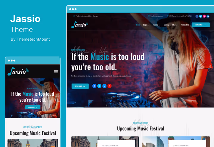 Jassio-tema, konserter, butikker og podkaster med retina-skjerm og videobakgrunn