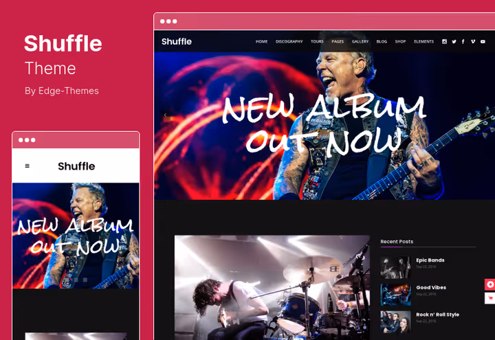 Shuffle-tema, spillelister, album og merch med Spotify- og Soundcloud-integrasjon