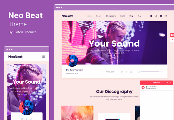 NeoBeat-tema, plateselskaper og festivaler med Elementor, spiller og WooCommerce
