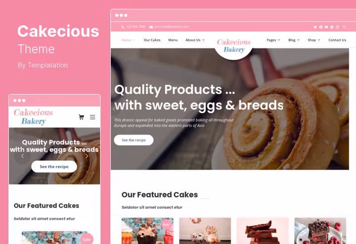 Тема Cakecious з 15 готовими сторінками для пекарні