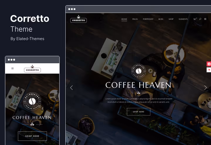 Тема Corretto з портфоліо кави для сайту кав'ярні