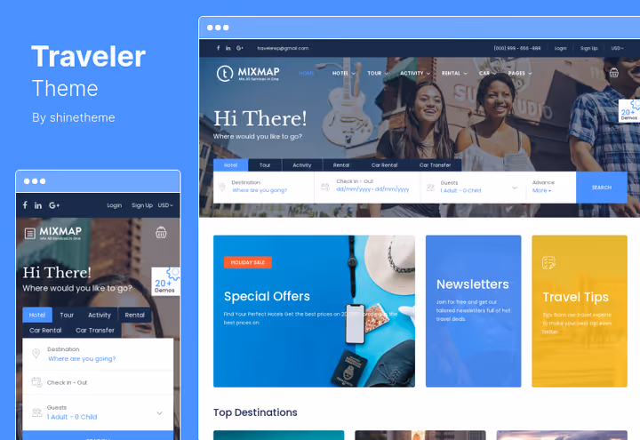 Traveler theme, 400 demos for tourism and rental