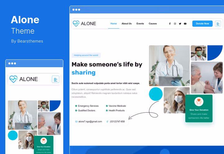 Alone-tema hjemmeside med donasjonsskjema og giverkarusell
