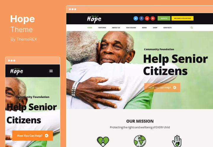 Hope-tema demo med arrangementskalender og fremdriftsmåler for innsamling
