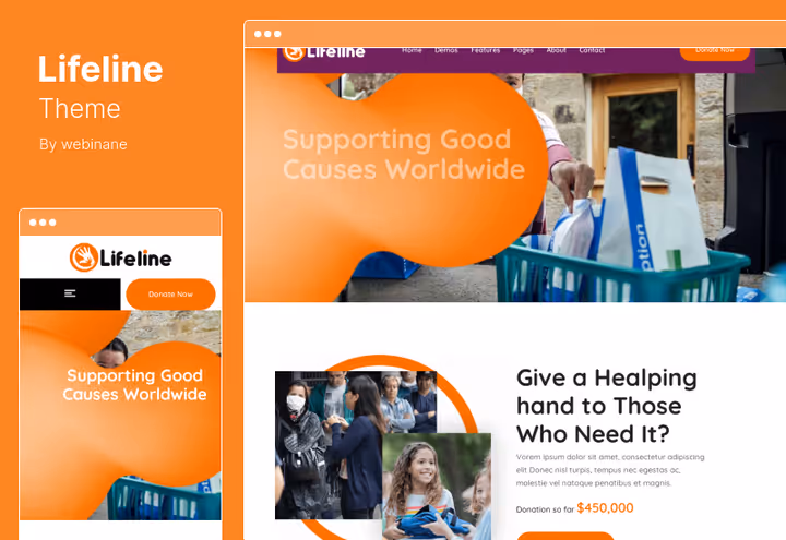 Lifeline-tema med fast donasjonsskjema og prosjektportefølje