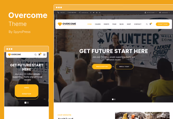 Overcome-tema med moderne Bootstrap-design og donasjonsskjema