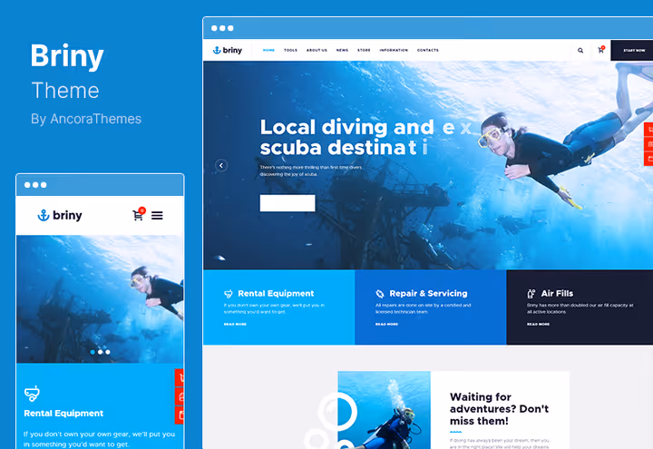 Briny theme hovedskjerm med booking-skjema for dykkerturer