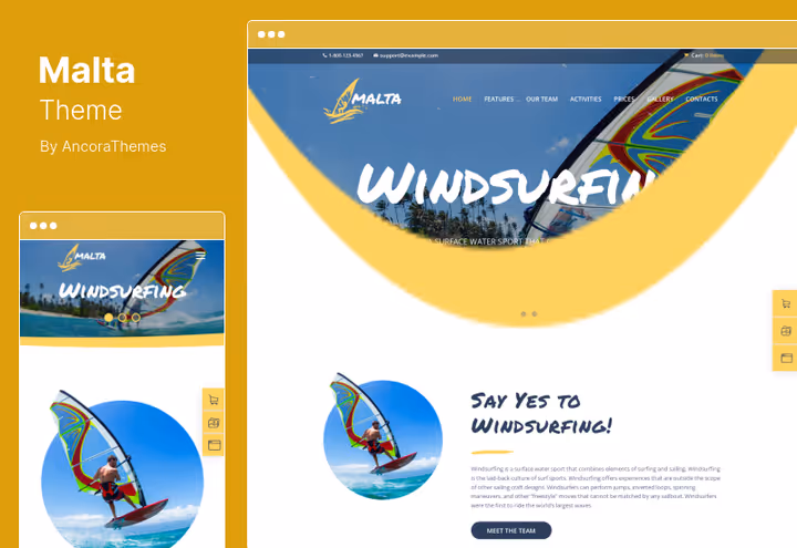 Malta theme for windsurfing og kitesurfing, havgrafikk på hovedside