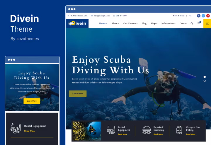 Divein theme demo med seksjoner for dykking og surfing