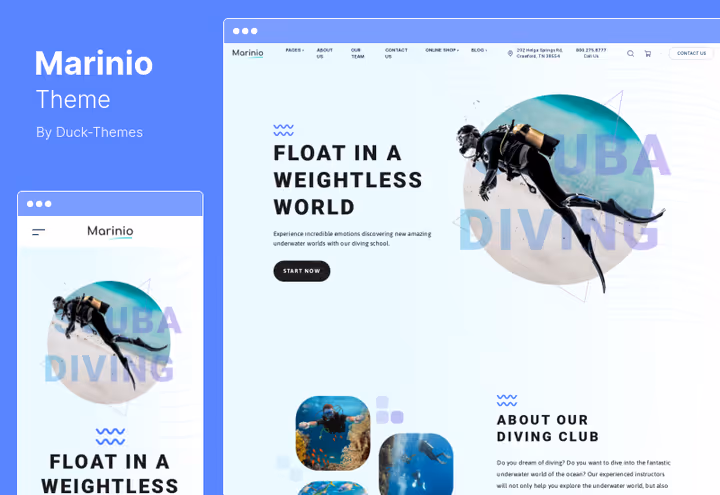 Marinio theme for vannsport, hovedside med yachttema