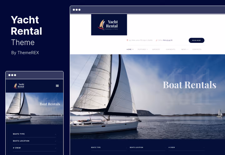 Yacht Rental theme for yachtutleie, hovedskjerm med yacht