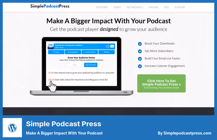 Simple Podcast Press player with subscribe buttons