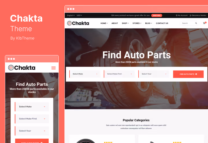 Chakta teema tootekataloog mobiilse alammenüü ja filtritega