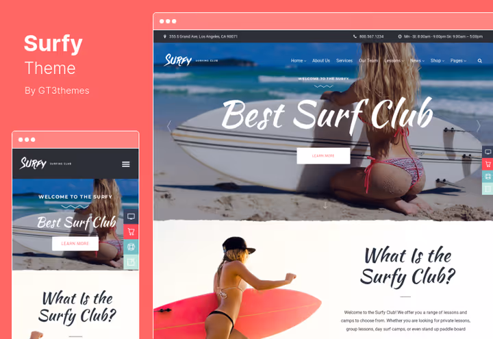 Skjermbilde av Surfy-temaet for surfeskoler og vannsport