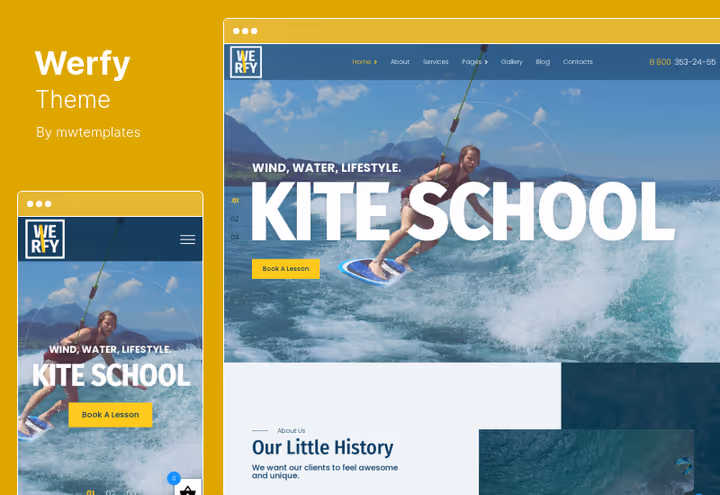 Skjermbilde av Werfy-temaet for surfeskoler og nettkurs