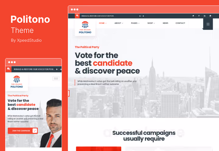Politono theme homepage with campaign slider and donate button