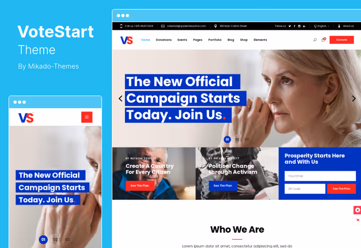 VoteStart theme interface with donation collection forms for campaigns
