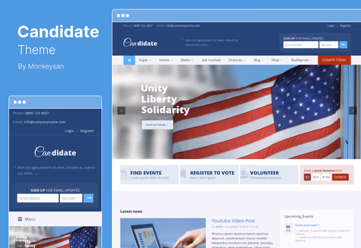 Comprehensive Candidate theme layout with donations, events and merch