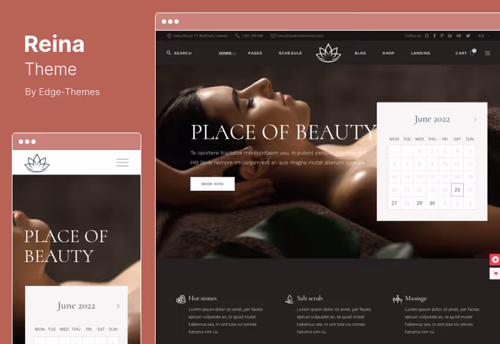 Captura de ecrã do tema Reina, spa e bem-estar para WordPress