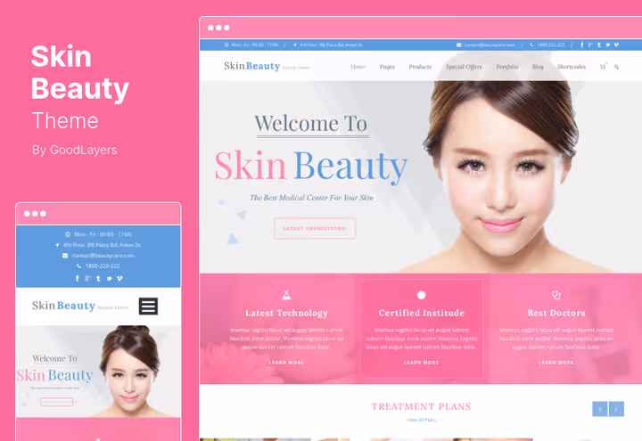 Captura de ecrã do tema Skin Beauty, spa e beleza para WordPress