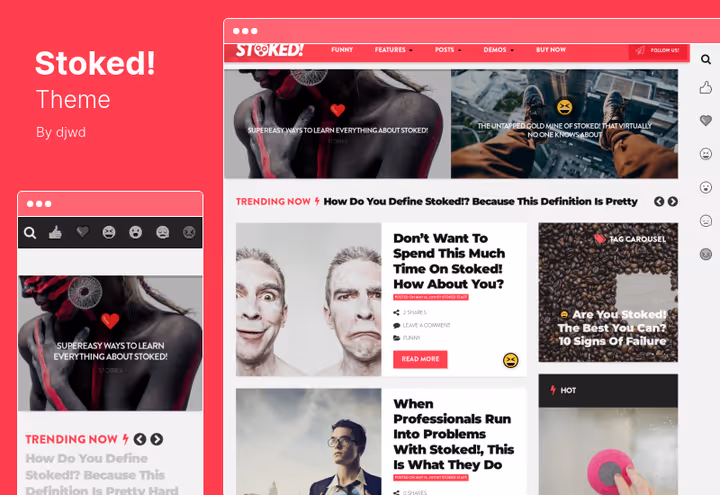 Skjermbilde av Stoked-tema, dristig viralt magasindesign