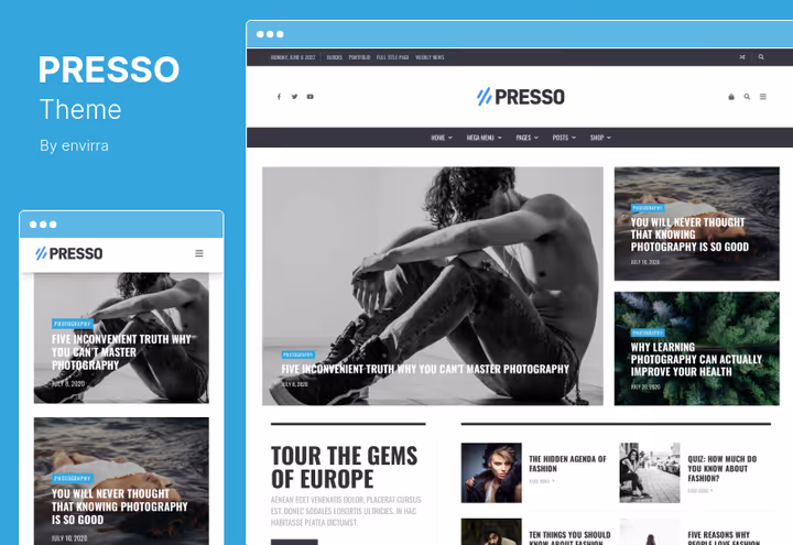 Skjermbilde av PRESSO-tema, ren redaksjonell magasindesign