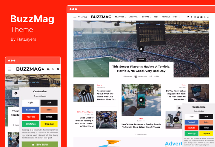 Skjermbilde av BuzzMag-tema, viralt magasin med WooCommerce
