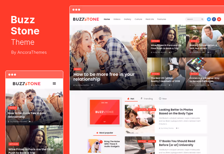 Skjermbilde av Buzz Stone-tema, universelt viralt magasin