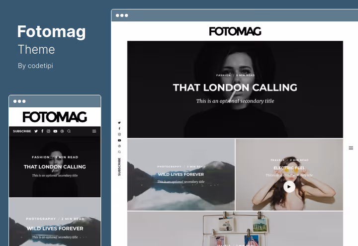 Тема Fotomag, мінімалістичний журнал Codetipi з лівим sticky-меню