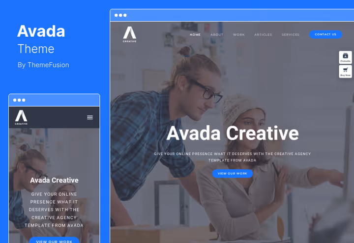 Avada teema, veebilehe koostaja koos Fusion Builderi eelvaatega